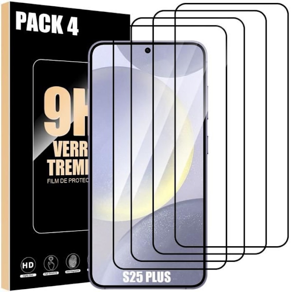 Härdat glas - Samsung - Galaxy S25 Plus - 4-pack - Repåsydd - Stötsäker Transparent med svart kant