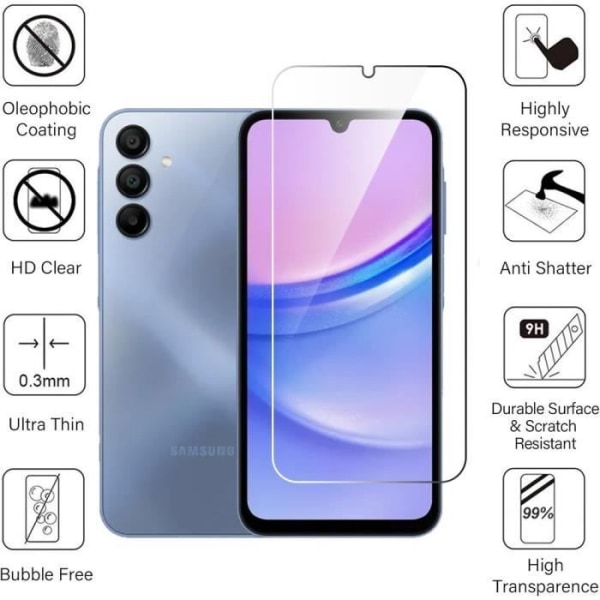 Lot-2 hærdet glas til Samsung Galaxy A15 4G-5G, 9H Transparent Ultra Slim Screen Protector Transparent