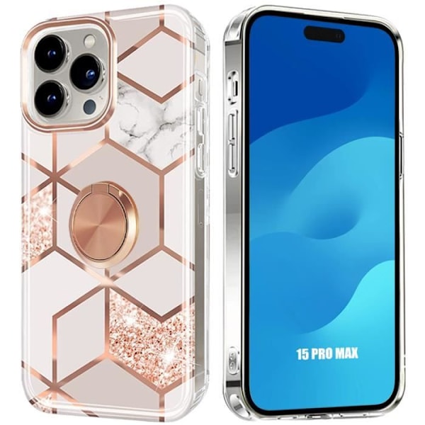 Skyddsfodral för iPhone 15 Pro Max - BOOLING - Silikon - Rosa marmor - Inbyggd fingerring Rosa