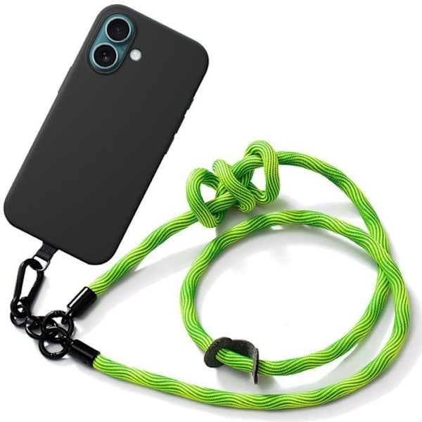 Crossbody-fodral för iPhone 16 Plus, smalt svart silikon med grönt robust band