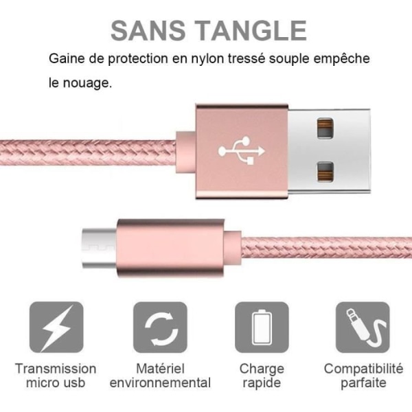 Micro USB Opladerkabel, 2M - Pink Nylon