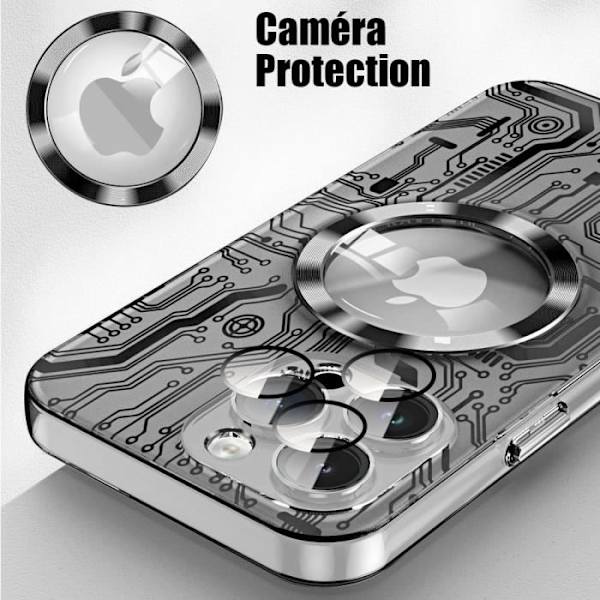 Fodral till iPhone 15 Plus - Genomskinlig stötsäker med magnetisk cirkel och bakre kameraskydd - Svart kretsmönstertryck
