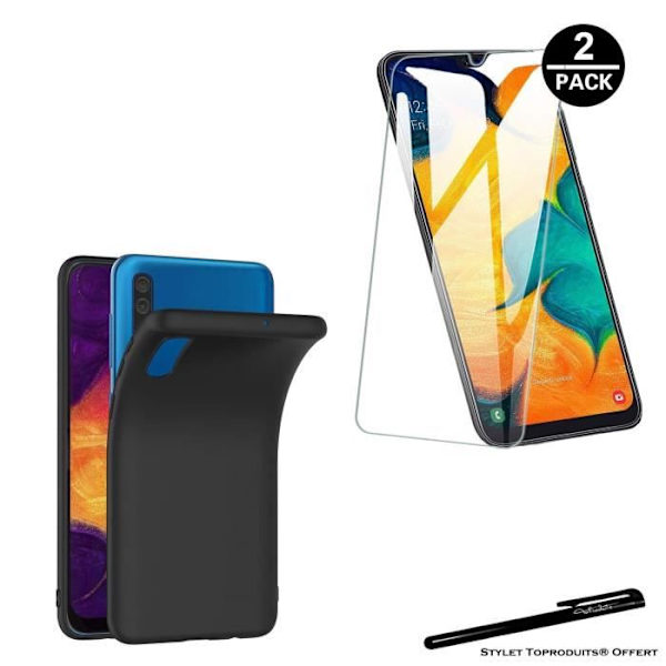 1 svart skyddsfodral + 2 skyddsfilmer i härdat glas för Samsung A50 med Stylus Toproduits® Svart