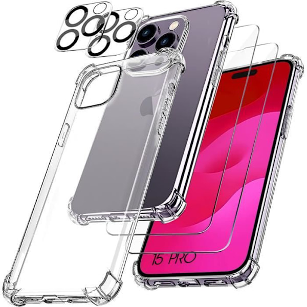 Fodral för iPhone 15 Pro Stötsäkert silikon och 2 skärmar i härdat glas + 2 bakre kameraskydd Transparent
