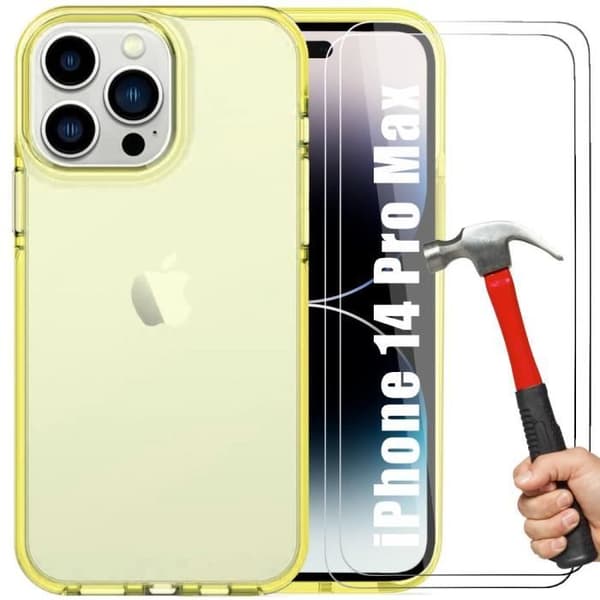 Skydd - BOOLING - för iPhone 14 Pro Max - Gul - TPU - Optimalt skydd - 2 Härdade glas Gul