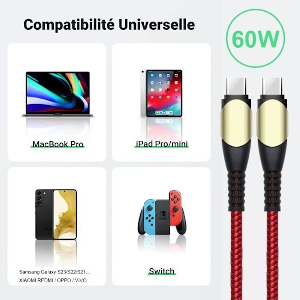 Lot-3 USB-C til USB-C-kabel 60W hurtigt til Samsung Galaxy A15 4G-5G A25 A35 A55 A15 S24 - Robust Nylon 1M Rød