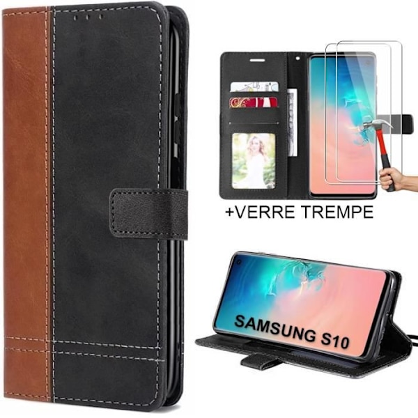 Fodral till Samsung Galaxy S10 Bicolor Brown Lädereffekt + 2 härdat glasögon mot repor kastanj