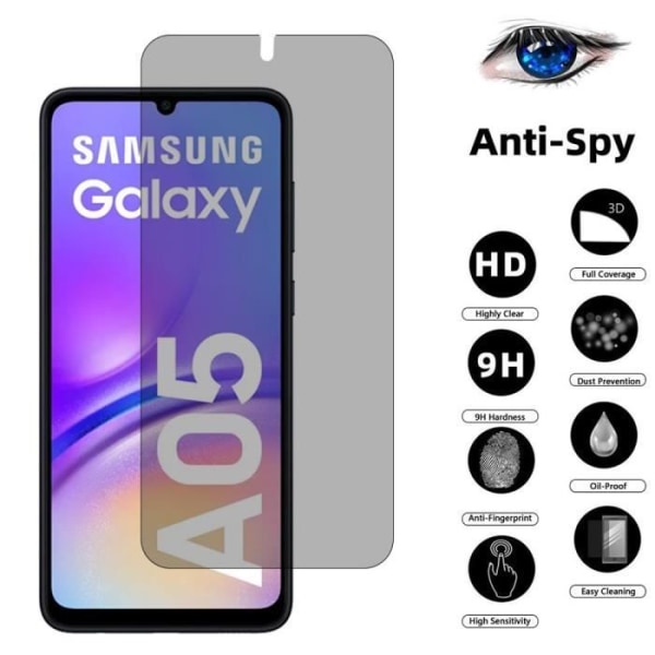2 Anti-Spy härdade glasögon för Samsung Galaxy A05 Stötsäkert skydd Svart