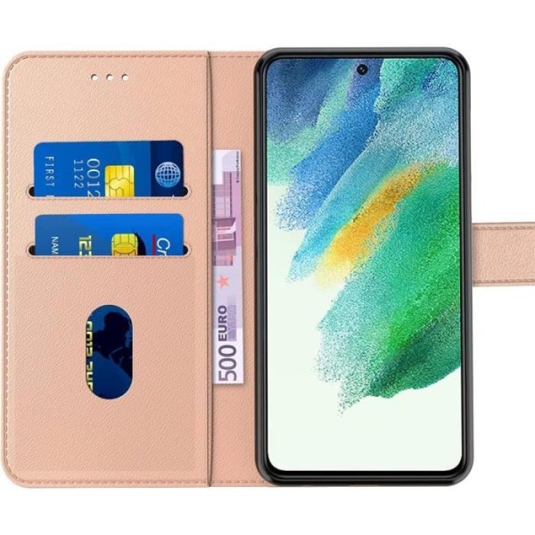 Coque för Samsung S21 FE (6,4") + 2 Härdade Glas, Rosa Represistent Skal Enfärgad Läder Effekt Rosa
