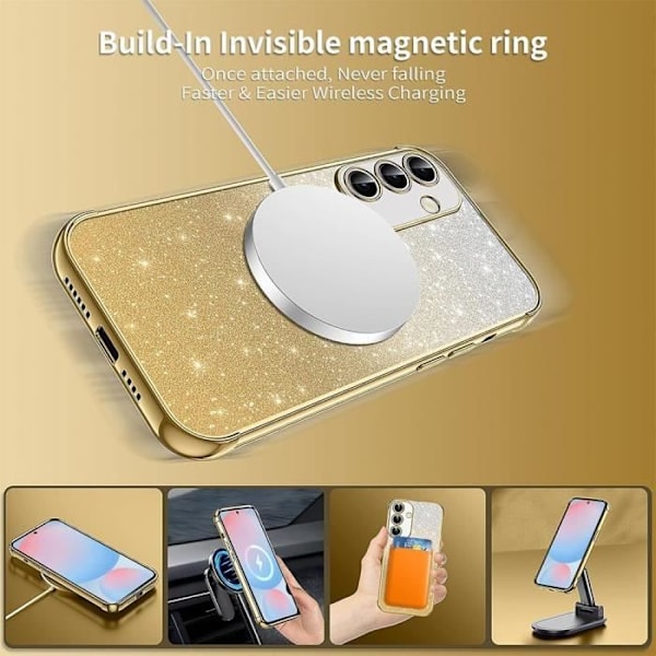 Coque och 2 Dränkta Glas för Samsung Galaxy S24 FE, Skydd med Glitter och Magnetisk Ring samt Kamerafilm - Guld