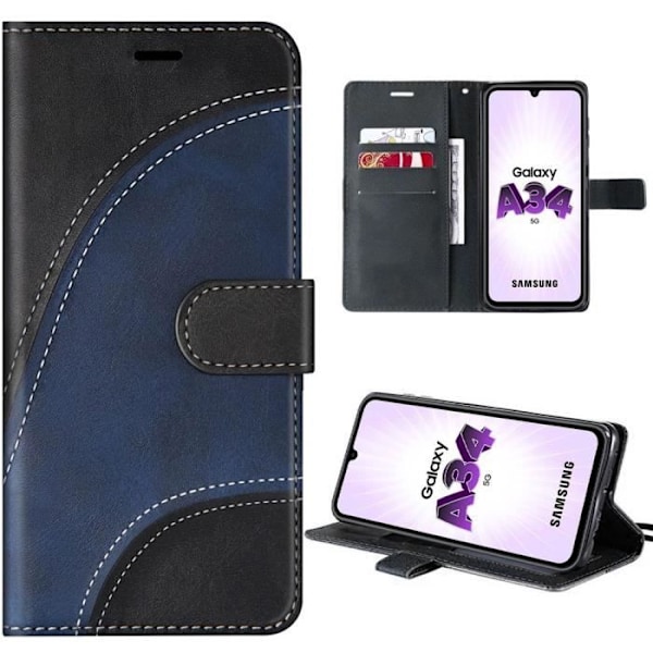 Skyddsskal - Samsung - Galaxy A34 5G - Svart PU-läder - Stötsäkert TPU - Fack för kort Svart, Marinblå