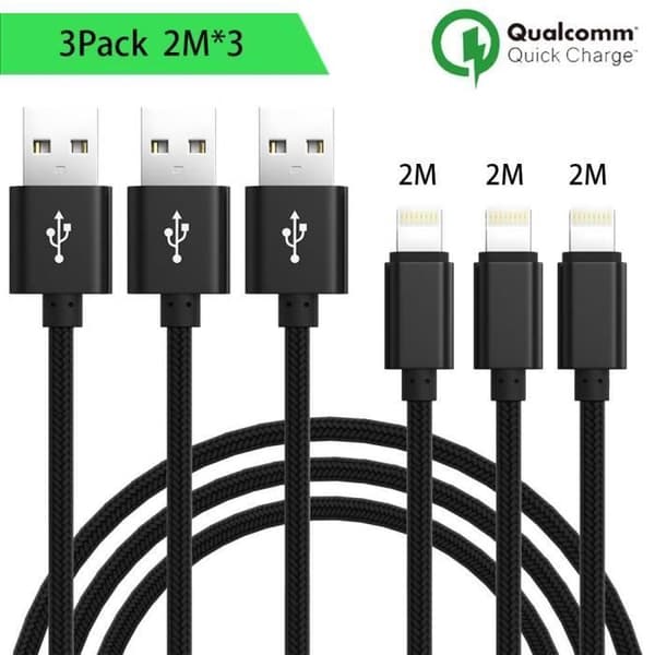 USB-kabel - Ej specificerad - Paket med 3 - 2M - Svart nylon - Kompatibel med iPhone