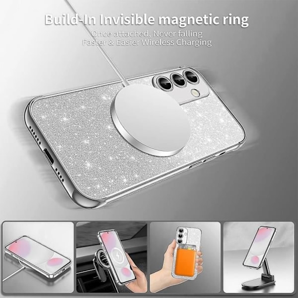 Skyddande skal för Samsung Galaxy S25 Plus (S25+), Glittrande skydd med silverfärgad magnetring