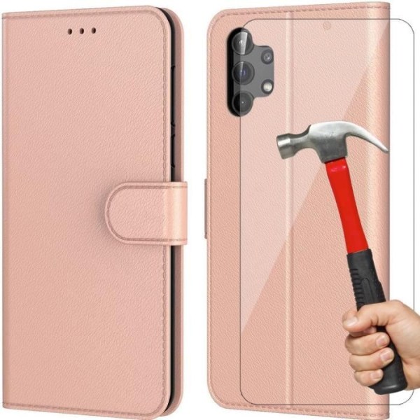 Förpackning med 2 härdade glasögon med fodral för Samsung A13 5G (6,5") Rosa Anti-Shock enfärgad plånbokskorthållare med lädereffekt Rosa