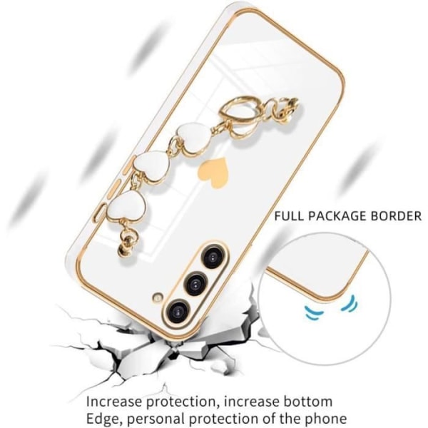 Fodral för Samsung Galaxy S23 FE (ej för S23), vit, stötsäker silikon med pläterat kärleksmönster, hand-hjärtband