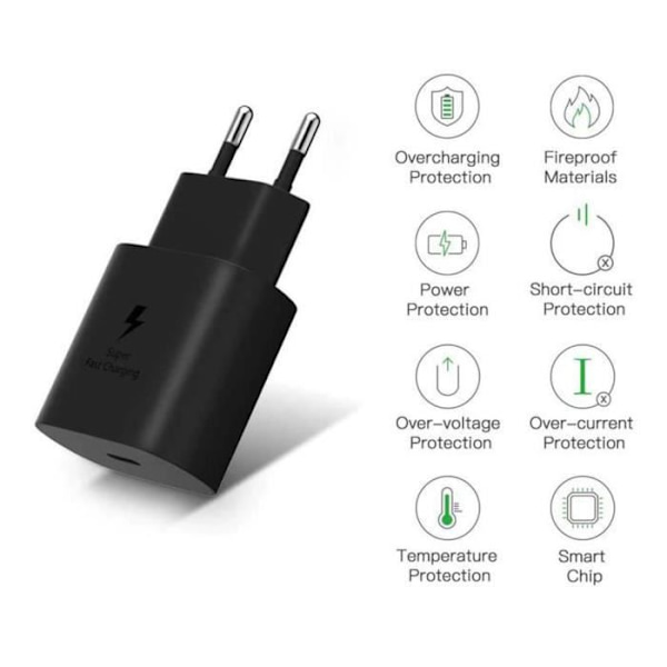 25W snabb AC-laddare för Samsung A13 4G - A23 - A33 5G - A53 5G - A73 5G - A52 - A52 5G - A52s 5G - A72 - A72 5G - Yuan Yuan