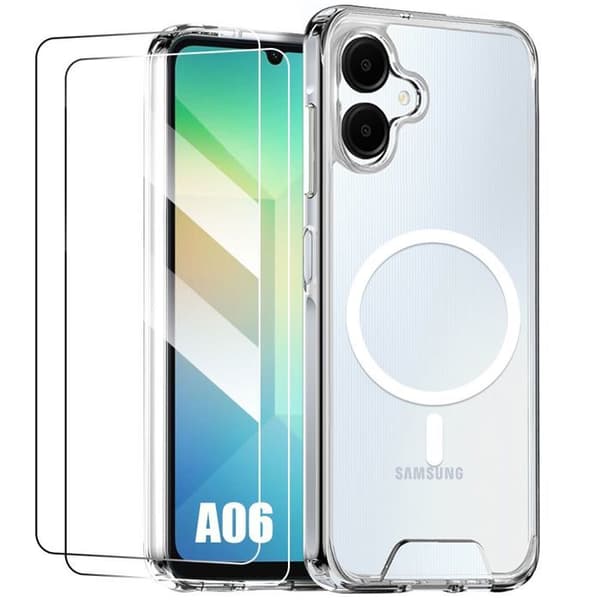 Skyddsskal - BOOLING® - Samsung Galaxy A06 - Magnetisk ring - 2 Tempererade glas - Stöttålig Transparent