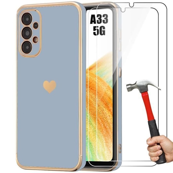 Fodral för Samsung Galaxy A33 5G, blått, silikonfodral med guldhjärta kärleksmönster, stötsäkert skydd + 2 härdade glasögon