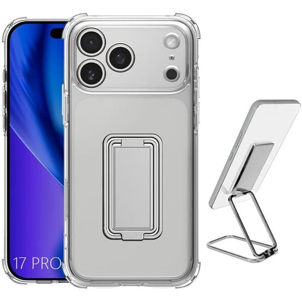 Skyddsfodral - BOOLING - iPhone 17 Pro - Transparent Silikon - Fällbart Stöd - Stötbeständig Transparent