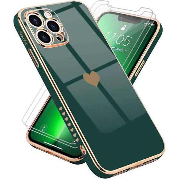 Fodral för iPhone 13 Pro Max (6,7") midnattsgrönt set 2 härdat glas galvaniserat guld Stötsäkert hjärtmönster Anti-skrapa Lyx kärlek-söt Midnattsgrönt