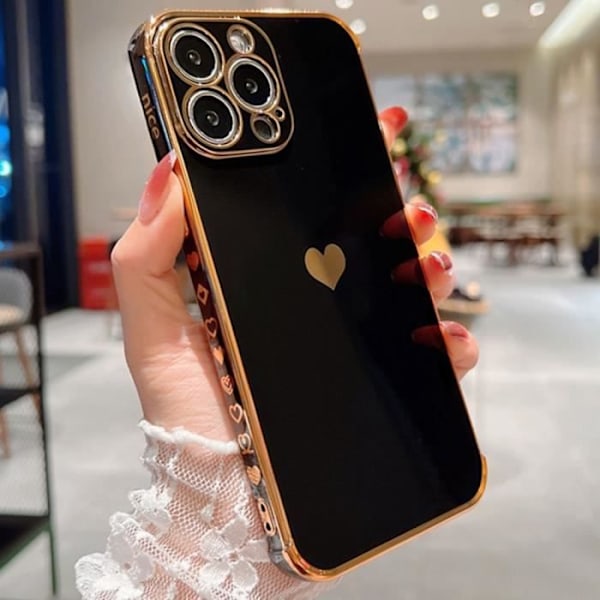 Fodral för iPhone 13 Pro Max (6,7") Svart Stötsäkert Hjärtmönster Anti-Scratch Lyxigt Kärlekssöt galvaniserat guld Svart