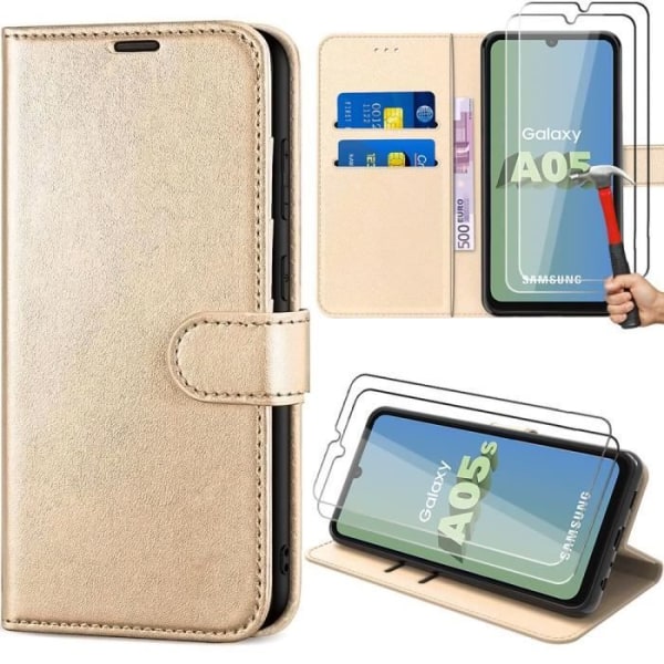 Fodral + 2 härdade glasögon för Samsung Galaxy A05s, stötsäkert skydd i guld PU-läder (ej för A05) gyllene