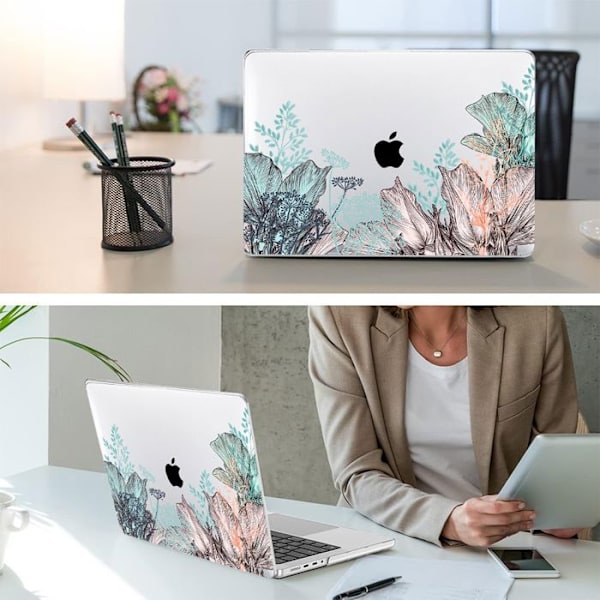 Skal för MacBook Pro 14 Tum M4 M3 M2 M1 Pro/Max 2024 2023 2021, Stötsäker Halkfri Växtmotiv Turkos, rosa