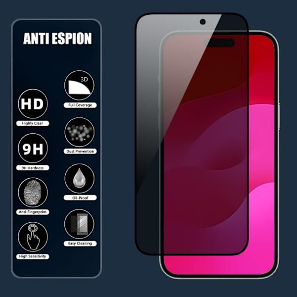 [2 stycken] Antispion härdat glas för iPhone 15 Pro - Stötsäkert skydd Svart