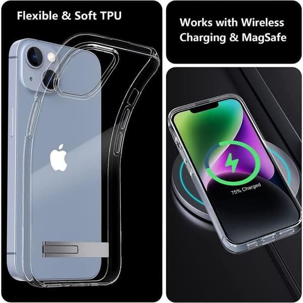 Skyddsfodral - BOOLING - för iPhone 15 - Stötsäker mjuk TPU - Justerbart stativ - Transparent Klar, Silver