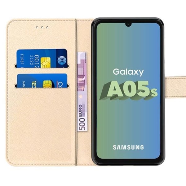 Fodral + 2 härdade glasögon för Samsung Galaxy A05s, stötsäkert skydd i guld PU-läder (ej för A05) gyllene