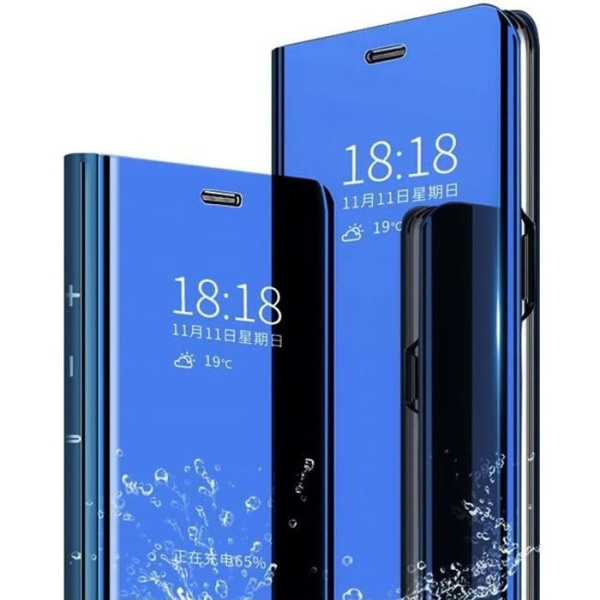 Skyddsfodral för Samsung A32 5G, etui + härdat glas Flip Clear View Transparent Spegel Stående 360° Stötfångare Stötsäker Smart Cover Bumper Blå Himmelsblå