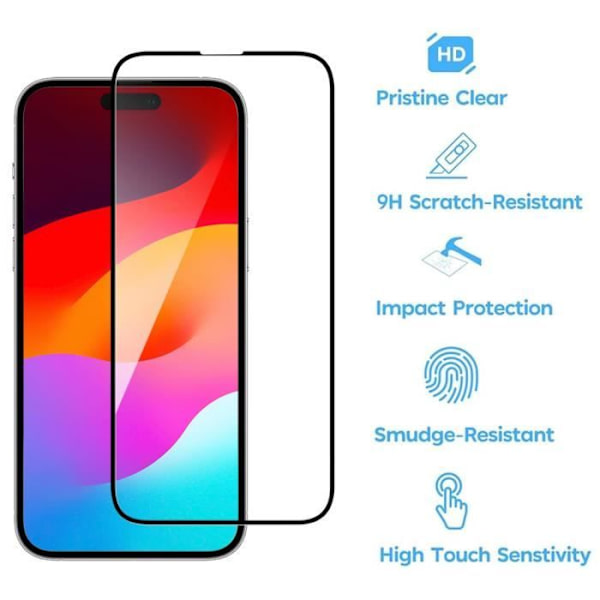 Härdat glas - BOOLING - iPhone 15 - Pack om 2 - Stötsäker - Fingeravtrycksskydd - 0,3 mm Transparent med svart kant