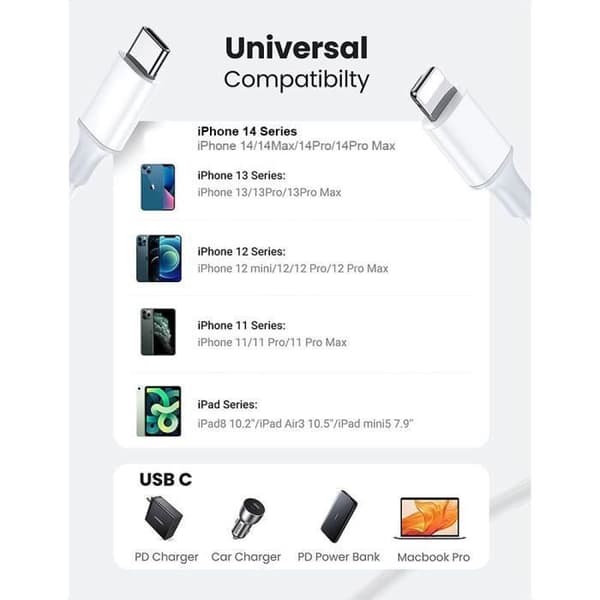 Laddningskabel för iPhone 14 - 14 Pro - 14 Plus - 13 - 13 Pro - 12 - 11 - 2m - Vit - Paket med 2 Vit