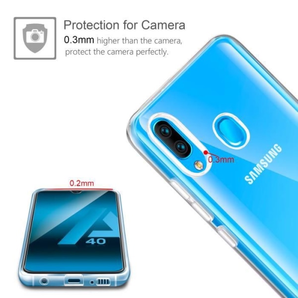 Fodral för Samsung Galaxy A40，Silikontransparent TPU-fodral Skyddsfodral + härdat glasfilm för skydd