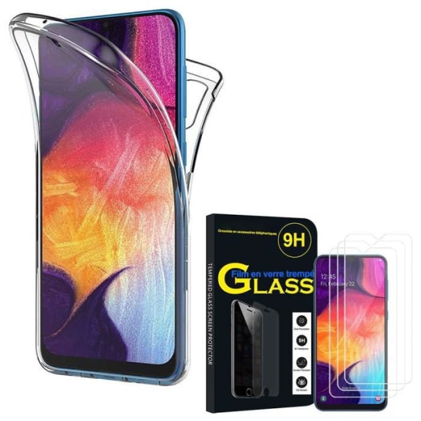För Samsung Galaxy A50 SM-A505F 6,4": Helt 360° silikonfodral fram och bak - TRANSPARENT + 3x härdat glasfilmer