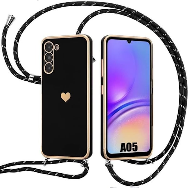 Fodral för Samsung Galaxy A05 (inte för A05s), svart stötsäker silikon med nylonrem, mode lyxpläterat hjärtamönster