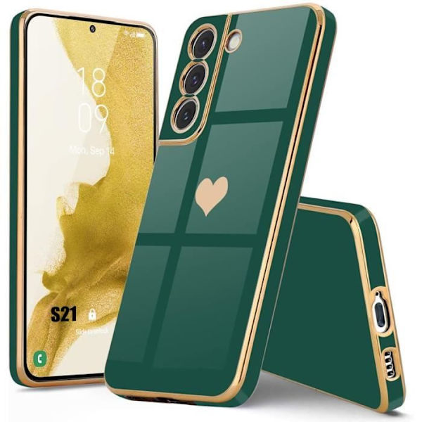 Kåpa - Samsung - Galaxy S21 - Stötfångare - Hybrid Silikon - Pläterat Guld Hjärta Nattgrönt