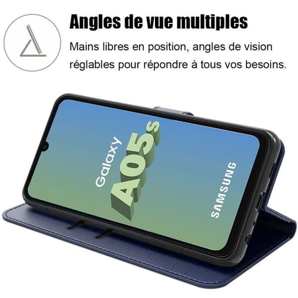 Coque + 2 Glas som är Dämpade för Samsung Galaxy A05s - PU Läder Skydd - Kortfack - Mörkblå marinblå