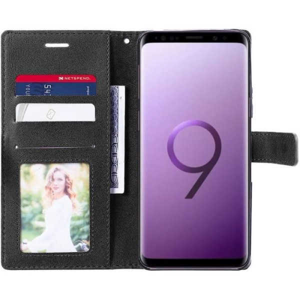 Etui til Samsung Galaxy S9 - Beskyttende sort lædereffektstøtte og 2 hærdede briller Svart