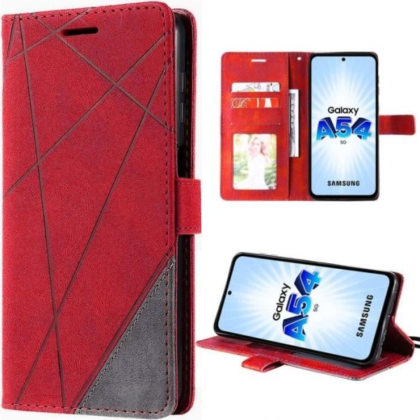 Fodral för Samsung Galaxy A54 5G, rött, stötsäkert skyddsfodral i PU-läder med kortplatser och stativ
