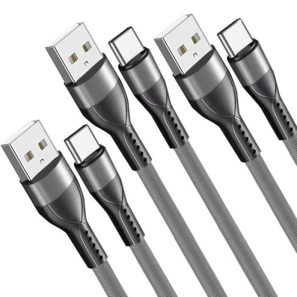 Förpackning med 3 Snabb USB-C Kabel 3A för Xiaomi Redmi Note 14 Pro 13 Pro, Note 13 5G, Redmi 13C 14C - 1 Meter Grå Nylon Tunn Flätad Grå