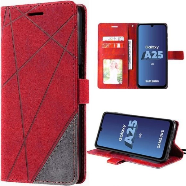 Fodral till Samsung Galaxy A25 5G - Röd - Retrostil PU-läder och stötsäker TPU-interiör med kortplatser