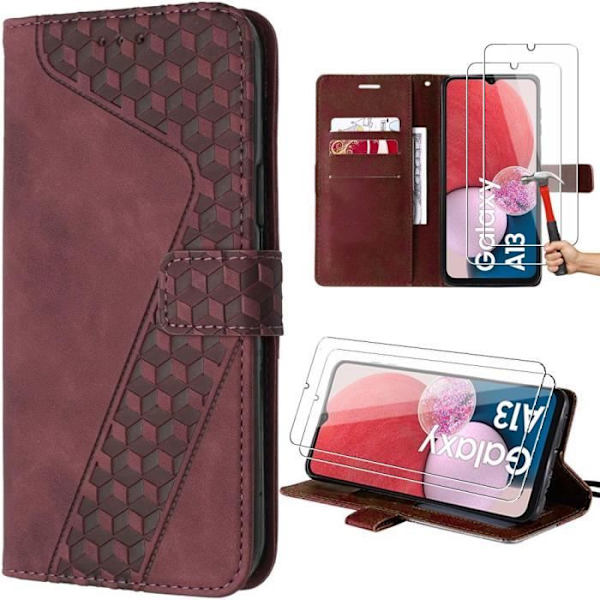 Skyddsskal - BOOLING - Samsung Galaxy A13/A13 5G/A04s - Röd - Läderliknande - 2 Härdade Glas Röd