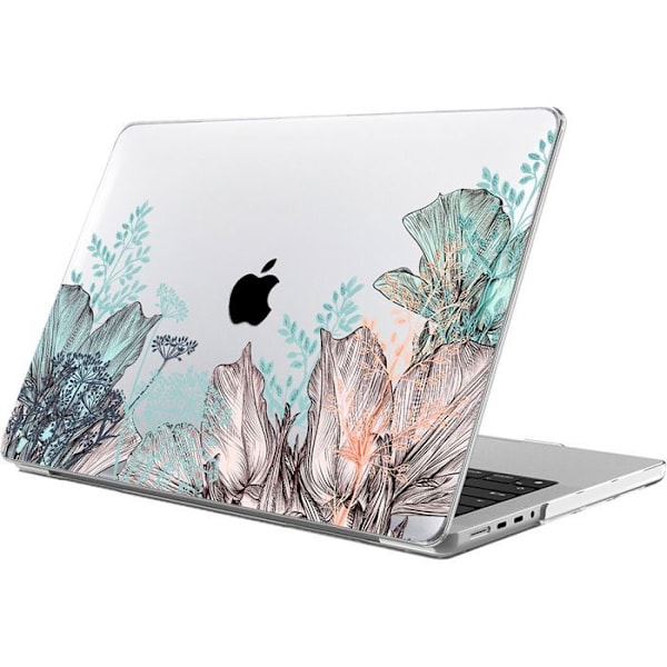 Skal för MacBook Pro 14 Tum M4 M3 M2 M1 Pro/Max 2024 2023 2021, Stötsäker Halkfri Växtmotiv Turkos, rosa