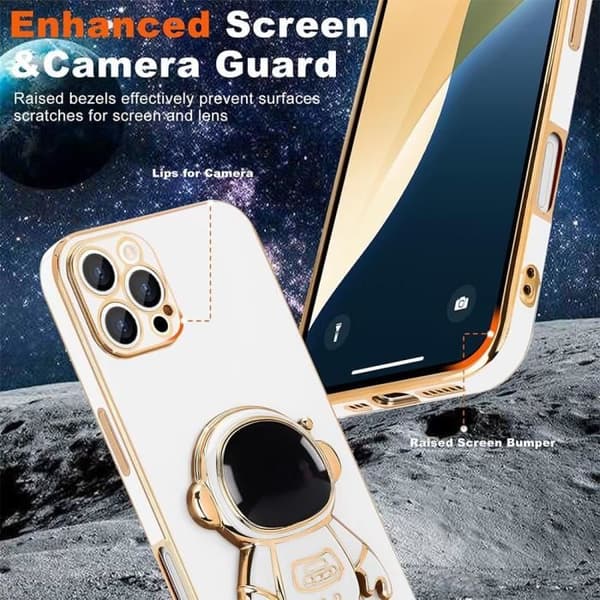 Fodral för iPhone 16 Pro Max - Vit - Astronautmönster - Flexibelt silikon - Stötsäker - Justerbart stativ Vit