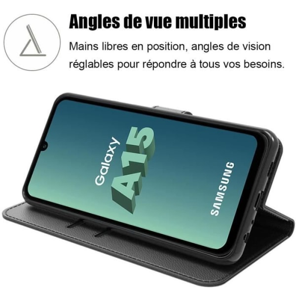 Fodral för Samsung Galaxy A15 4G-5G, hopfällbart skydd svart PU-läder med kortplatser + 2 härdade glasögon