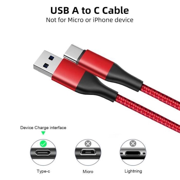 Pack med 3 snabba USB-C-kablar för Samsung Galaxy A56 A55 A26 A25 A15 A05s A35 S24 Ultra S24 FE - 1M Röd nylonflätad Röd