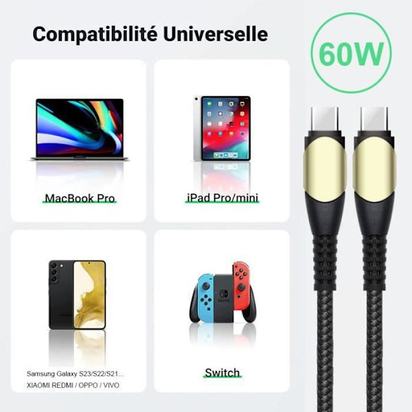 60W snabbladdning USB-C till USB-C-kabel för OPPO A16 A16s A53 A53S A54 A55 A56 A72 A93 A93s - Förstärkt nylonsvart 1M Svart