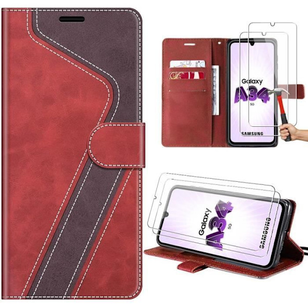 Coque för Samsung Galaxy A34 5G - Röd - Fodral i konstläder - 2 Härdat glas 9H - Inbyggt stöd Rödbrun