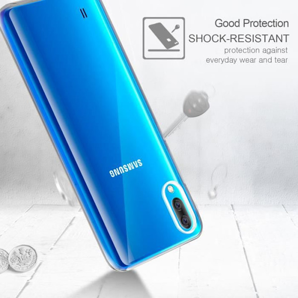Fodral för Samsung Galaxy M10，Silikontransparent TPU-fodral Skyddsfodral + härdat glasfilm för skydd